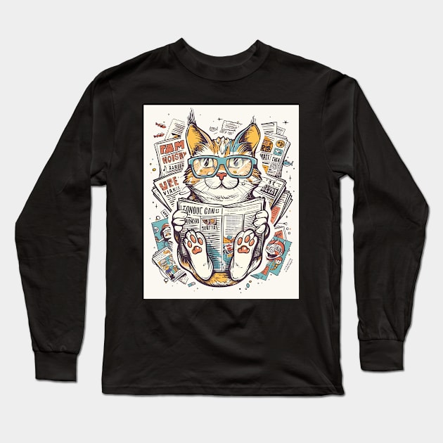 Reading Cat Bookworm Student Long Sleeve T-Shirt by Vlaa